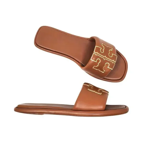 Tory Burch Double T Sport Slide Sandal Leather Bourbon Miele Gold 79985 Size 8.5 - Picture 1 of 10